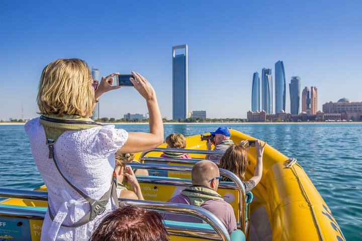 Experience the stunning skyline of Abu Dhabi from the water where ancient heritage meets modern marvels all while enjoying a memorable boat ride with friends.